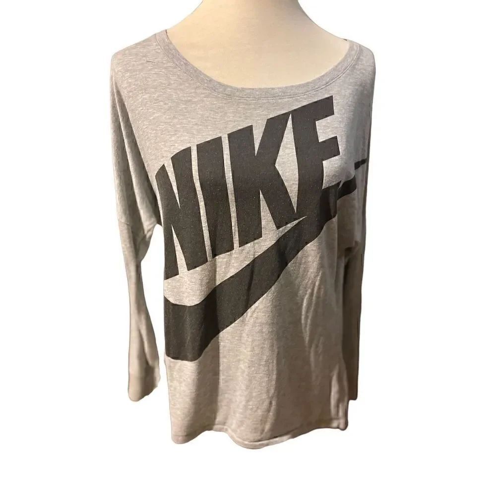 Nike Long Sleeve Gray with Black Lettering Swoosh Logo Size Large - Picture 6 of 9